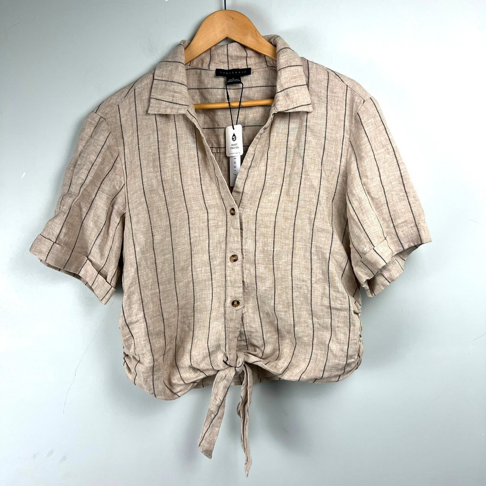 Sanctuary Womens Linen Pinstripe Tie Front Button Down Top‎ L Cropped Resortwear